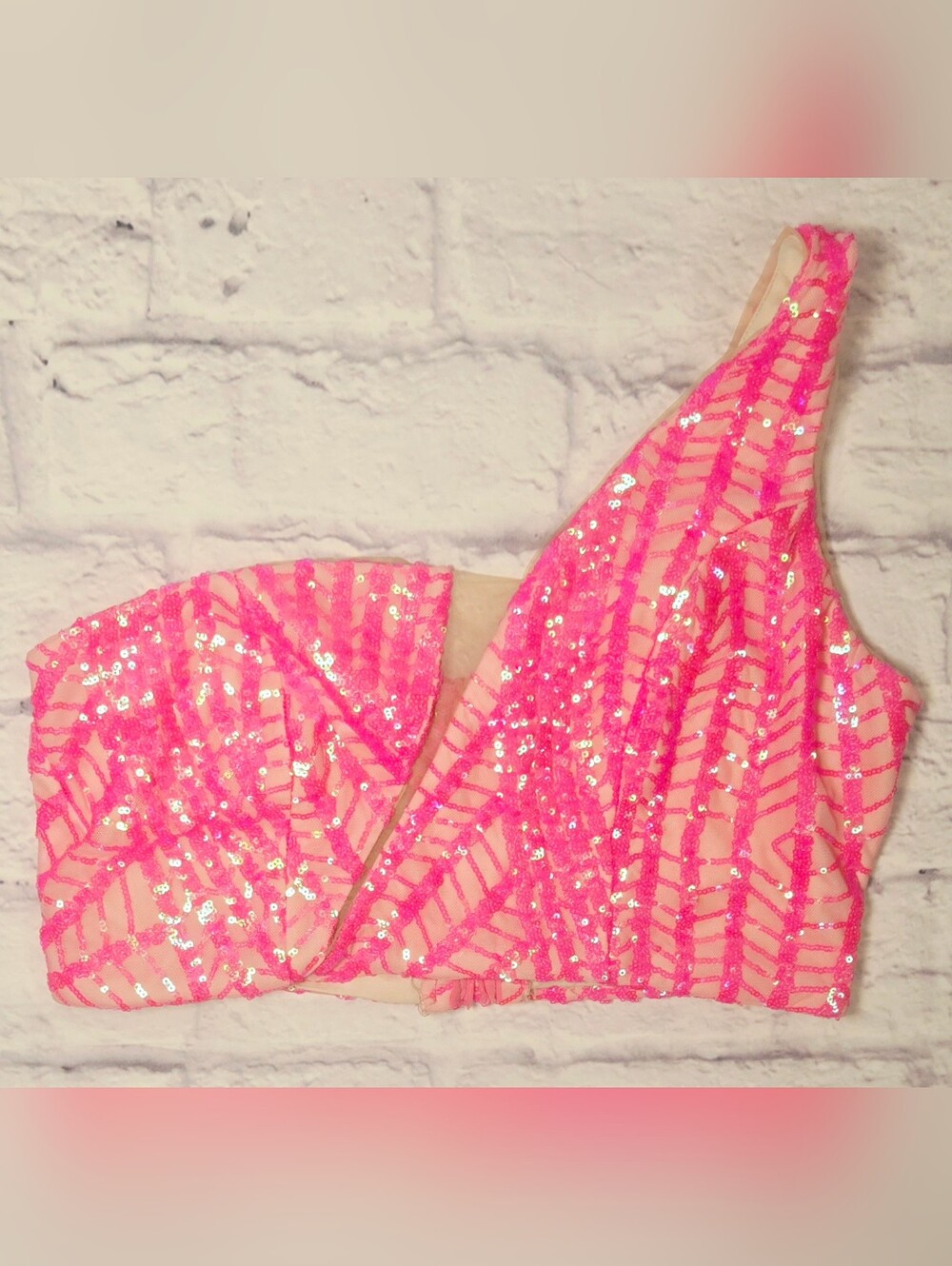 Neon Pink Sequin Two Piece Formal Set One Shoulder Crop Top Maxi Skirt - Picture 4 of 14